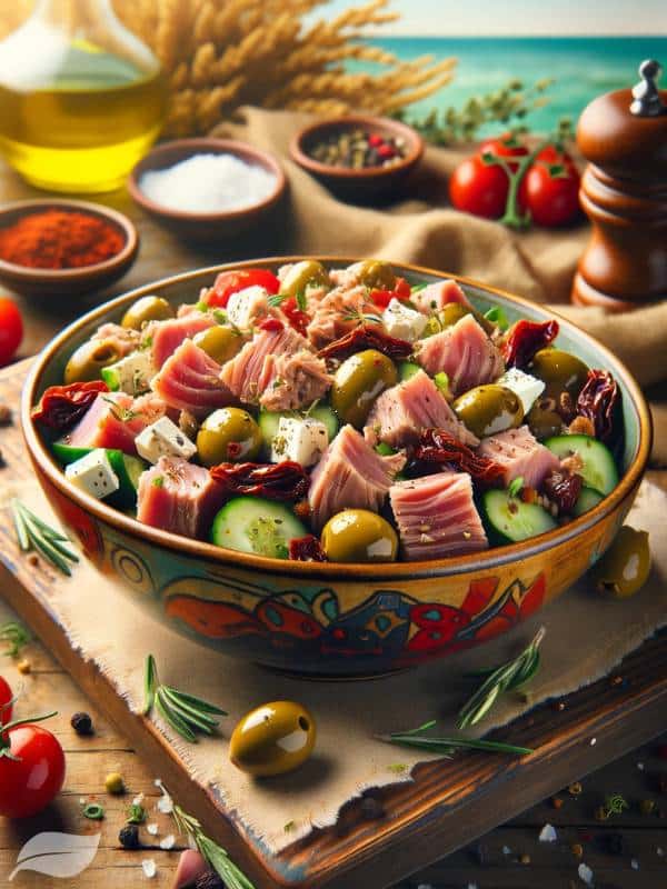 a Mediterranean Tuna Olive Salad, beautifully arranged in a rustic bowl on a wooden table.