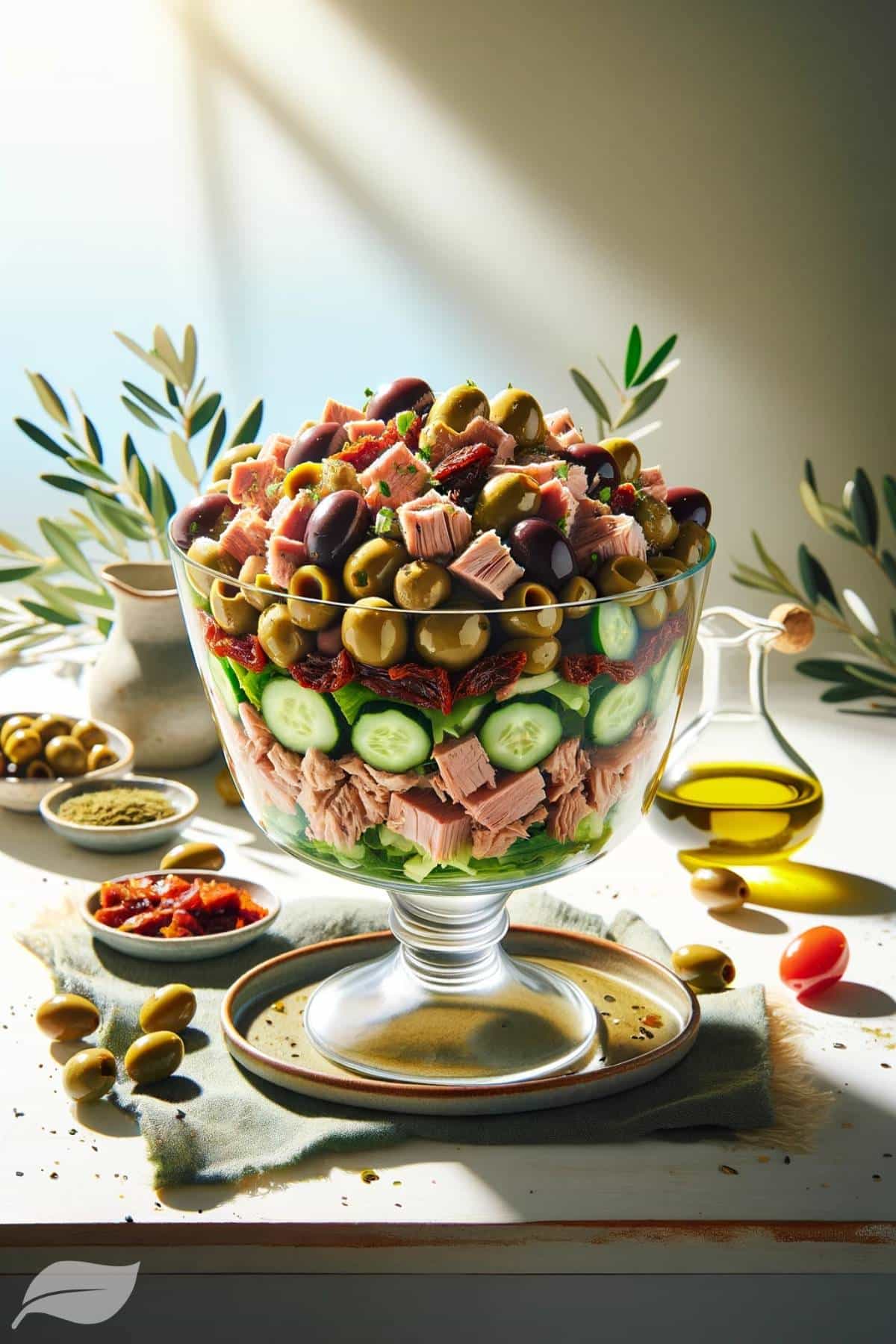 a Mediterranean Tuna Olive Salad, showcasing a close-up view in a tall, elegant glass bowl set on a bright, sunlit table