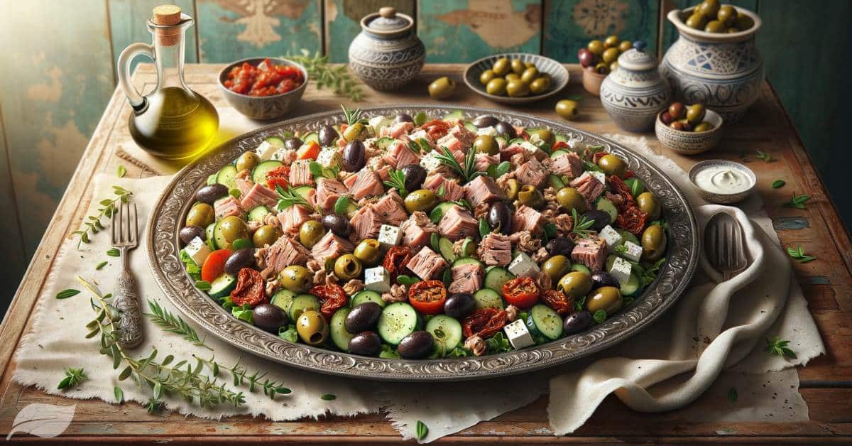 a beautifully arranged Mediterranean Tuna Olive Salad spread out on a large, elegant platter, set against a backdrop of a rustic outdoor Mediterranean setting