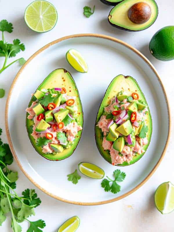 two halves of an avocado, each filled with a colorful mix of tuna, lime juice, cilantro, and red onion, accented with chili flakes for a touch of heat