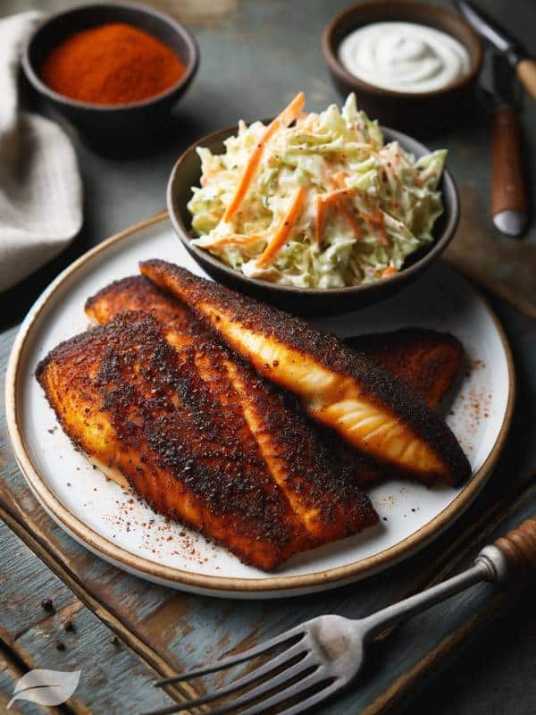 blackened catfish fillets, cooked to perfection, with a dark, crispy crust, served on a white plate with a side of creamy coleslaw.