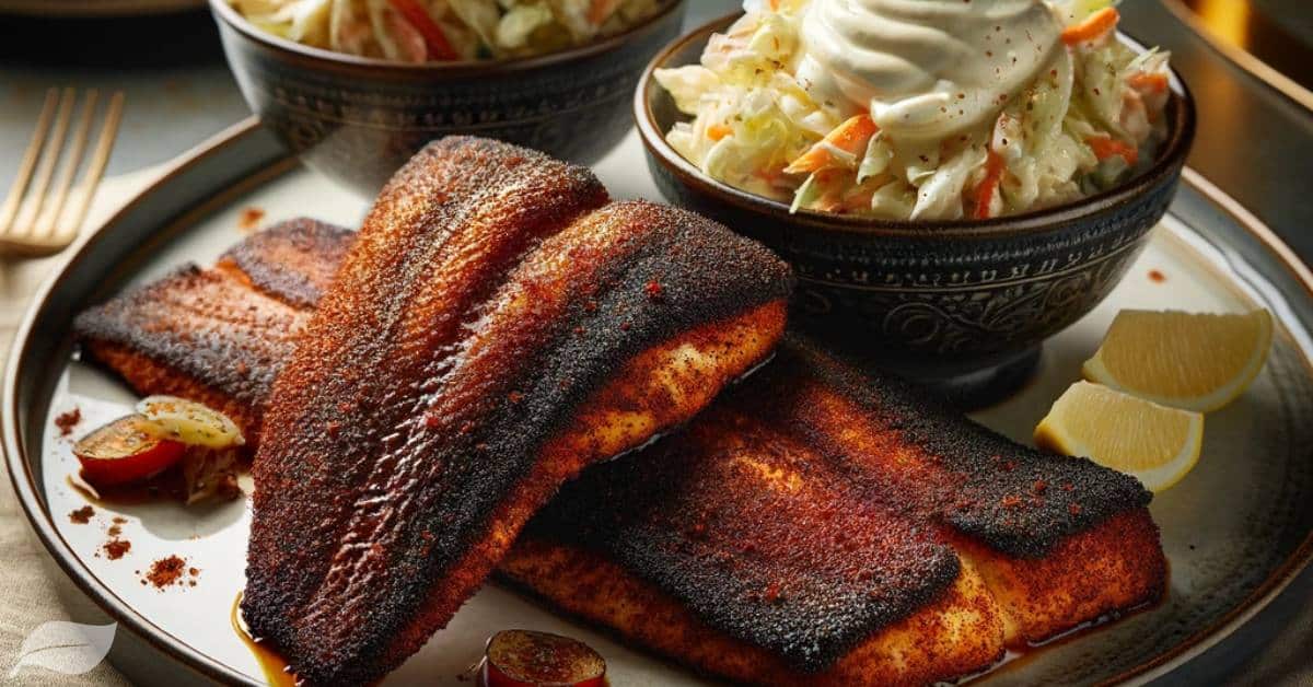 classic blackened catfish, with a rich, dark, spicy crust, served alongside a bowl of creamy coleslaw.
