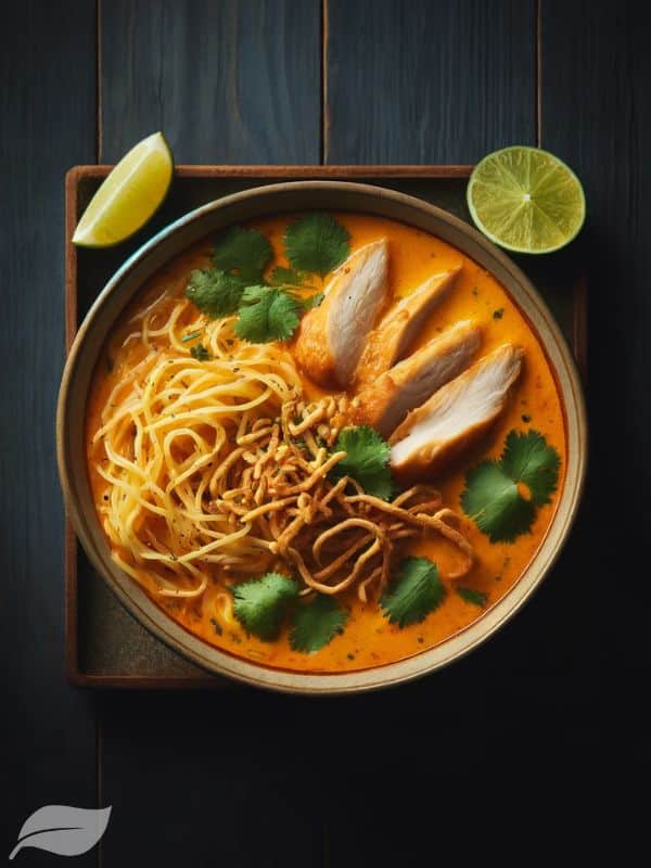 A beautifully plated bowl of Khao Soi Gai, showcasing the rich, golden-hued coconut curry broth