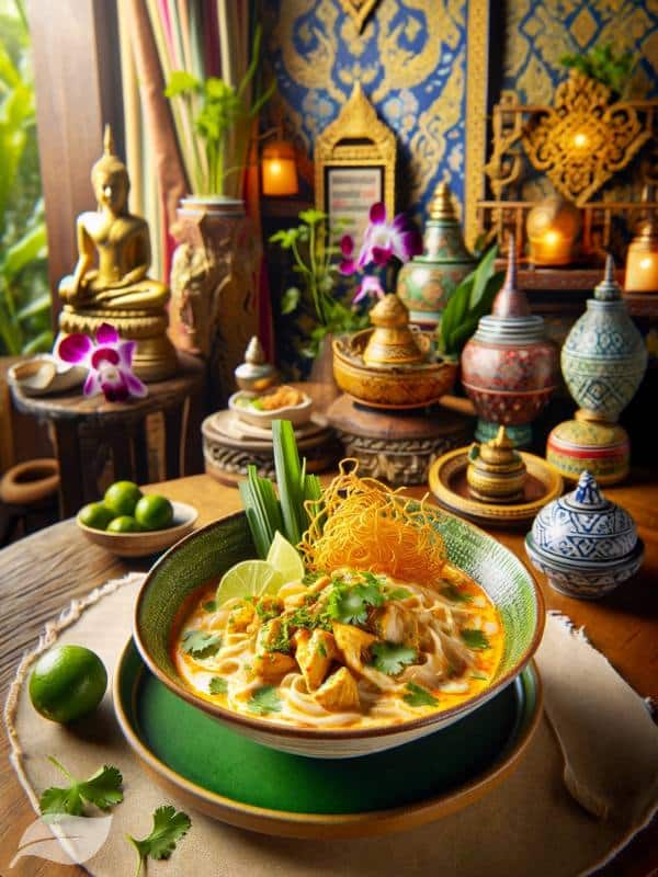 A beautifully plated bowl of Khao Soi Gai, with creamy coconut curry and tender chicken pieces, garnished with crispy noodles, lime wedges, and fresh cilantro.