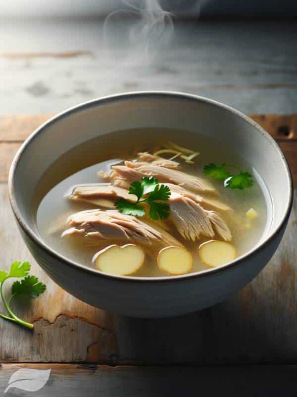 A bowl of simple chicken ginger soup.
