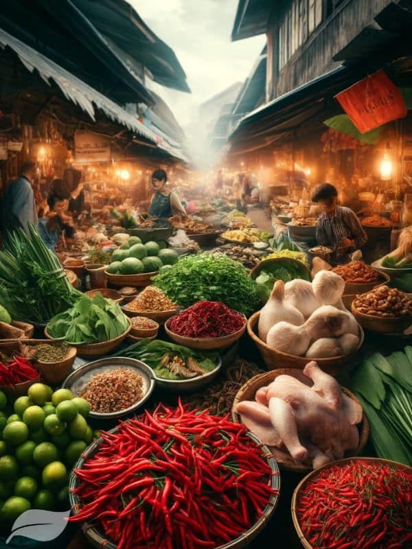 A bustling local market in Northern Thailand, with vendors displaying an array of fresh ingredients used in Khao Soi Gai