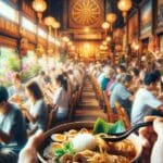 A bustling restaurant in Northern Thailand filled with tourists and locals enjoying bowls of Khao Soi