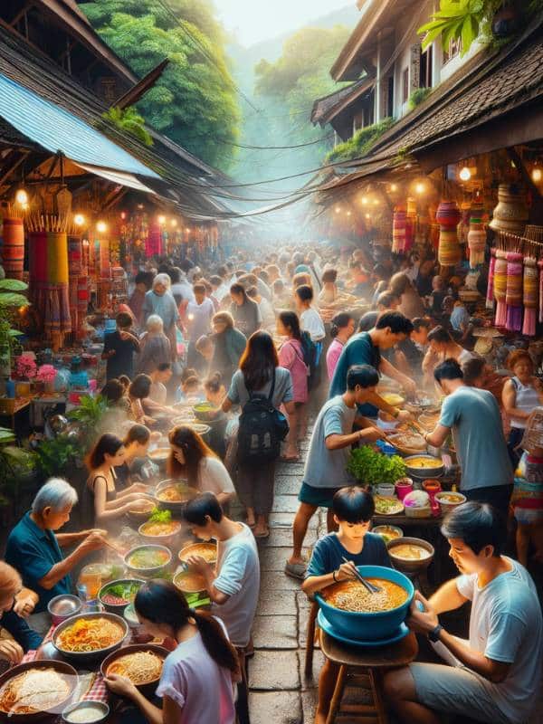 A bustling street market in Chiang Mai, filled with colorful stalls and vibrant activity. Vendors are serving steaming bowls of Khao Soi Gai