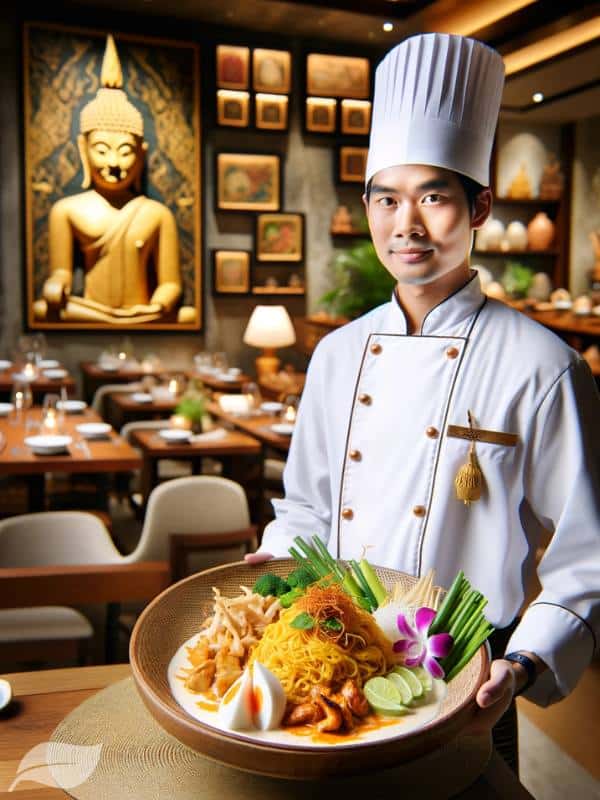 A chef in a Thai restaurant abroad presenting a meticulously prepared Khao Soi Gai