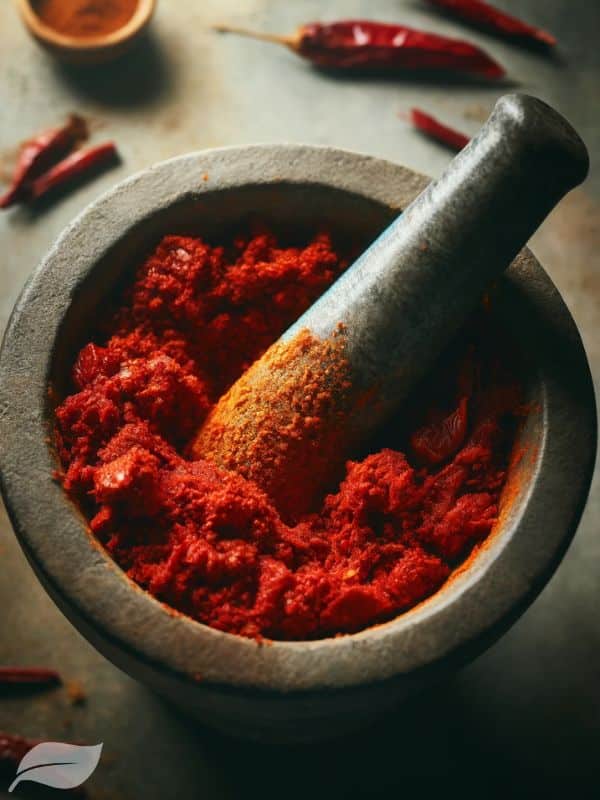 A close-up shot of a mortar and pestle, filled with a vibrant red curry paste made from carefully toasted and ground spices
