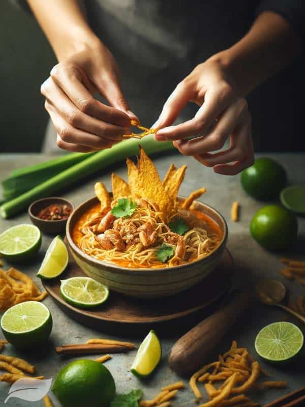A close-up shot of hands carefully garnishing a bowl of Khao Soi Gai with crispy noodles, lime wedges, and other traditional accompaniments.