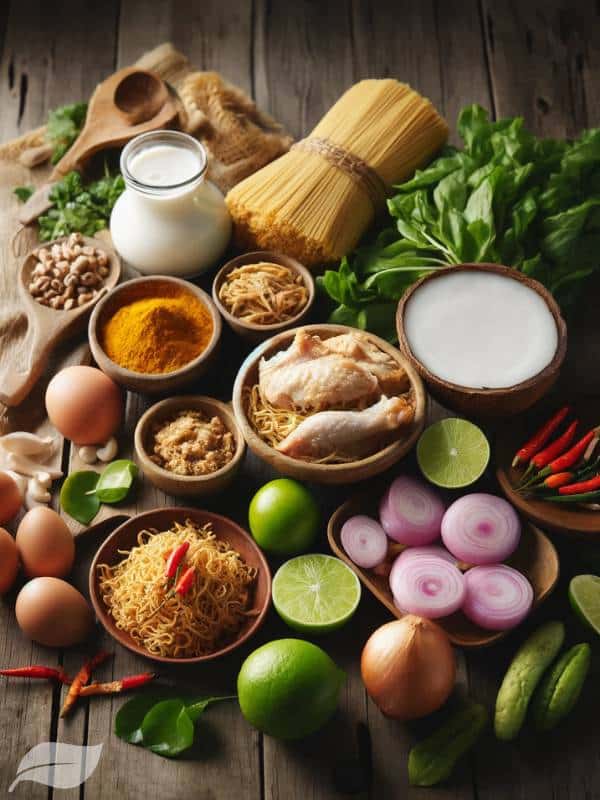 A close-up vertical shot of the essential ingredients for Khao Soi Gai laid out on a wooden table