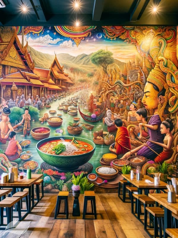 A colorful mural depicting the rich cultural heritage of Northern Thailand, with Khao Soi Gai taking center stage (1)