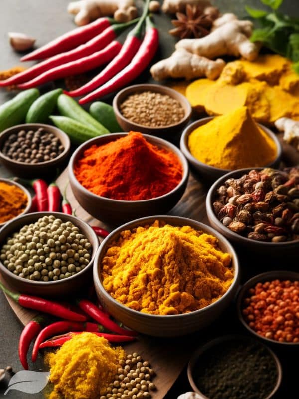 A colorful spice blend used in the unique Khao Soi Gai curry paste, with vibrant shades of yellow from turmeric, red from chili peppers, and brown from coriander seeds.