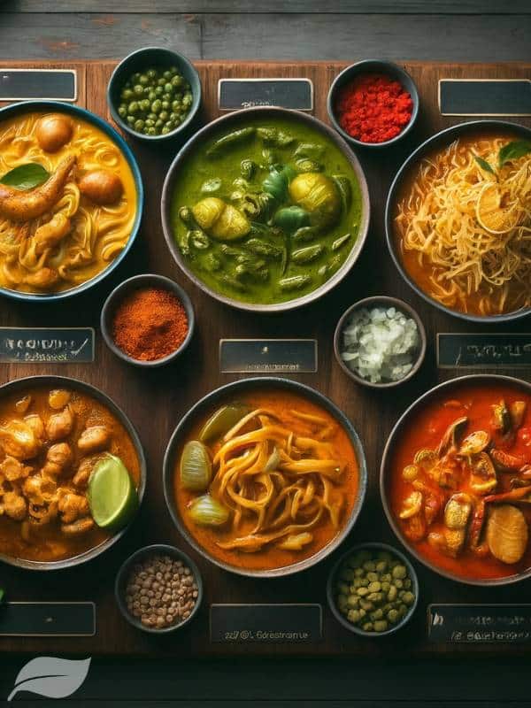 A comparative layout of different Thai curries, including Khao Soi, green curry, red curry, and massaman curry, each in a separate bowl.