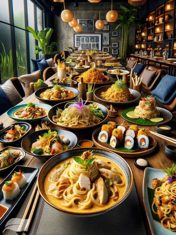 A fusion restaurant showcasing Khao Soi Gai alongside other international dishes