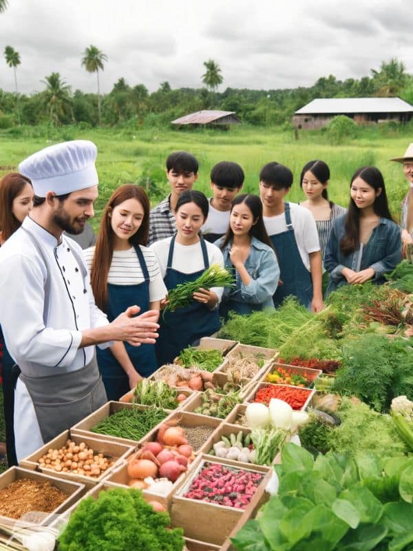 A group of cooking school students visiting a local farm, learning about the sustainable agricultural practices used to cultivate the fresh ingredients that lend Khao Soi Gai its distinct flavors