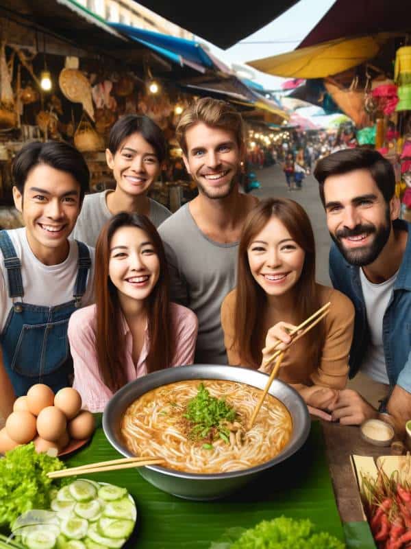 A group of smiling tourists gather around a street food vendor, eagerly awaiting their bowls of Khao Soi Gai.