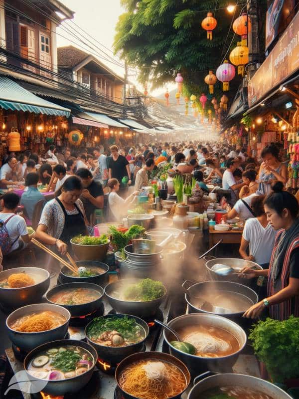 A lively street food scene in Chiang Mai, Northern Thailand, with vendors preparing and selling steaming bowls of Khao Soi Gai