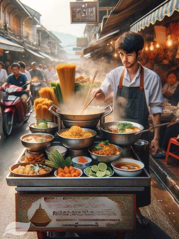 A local street food vendor in a Northern Thai city, serving up bowls of Khao Soi Gai from a cart