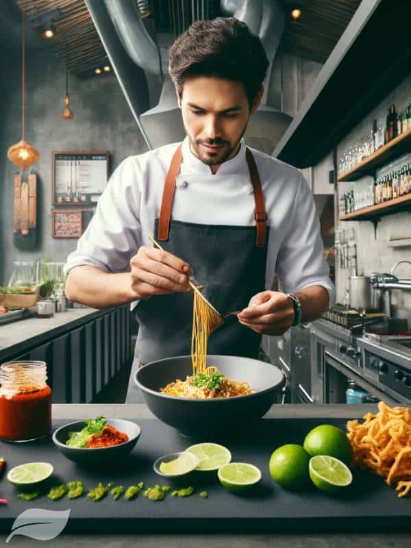 A modern Thai restaurant in a Western city, with a chef preparing Khao Soi in an open kitchen.