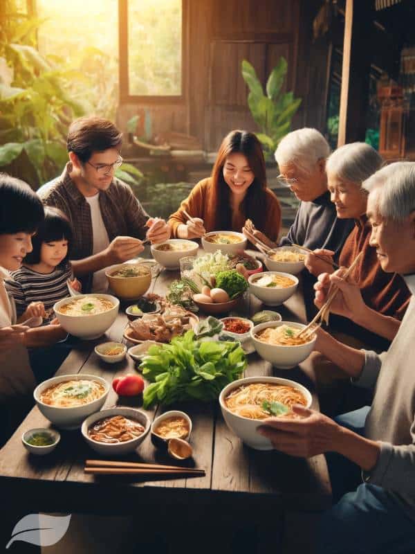 A multi-generational Northern Thai family sitting together, sharing a home-cooked meal of Khao Soi Gai