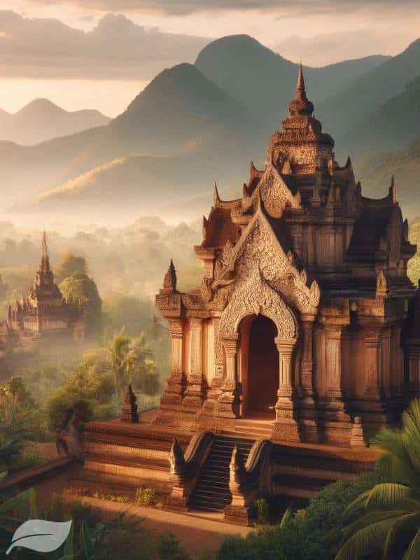 A scenic shot of the former Lanna Kingdom region, including ancient ruins or temples, to represent the historical roots of Khao Soi Gai