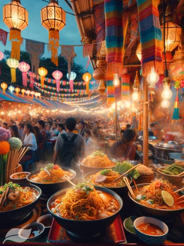 A shot of a Northern Thai festival or celebration, where Khao Soi Gai is being served