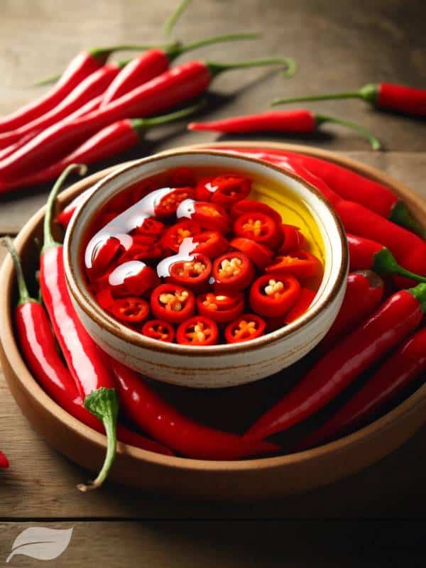 A small bowl of chili oil or fresh chilies