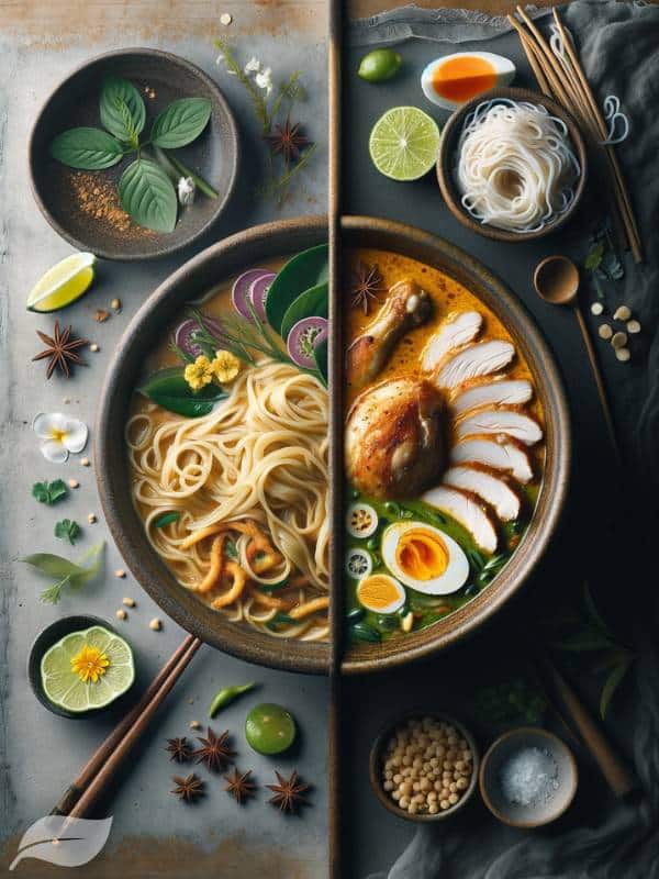 A split-image contrasting two bowls of Khao Soi Gai.