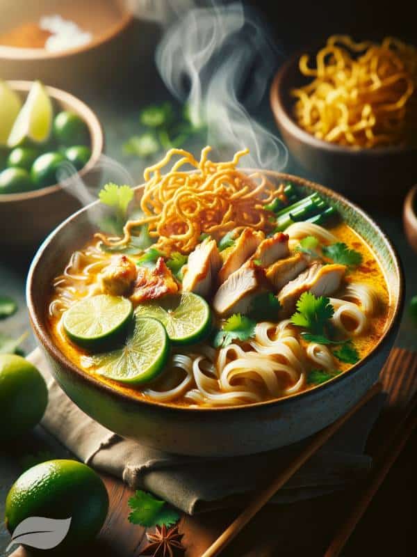 A steaming bowl of Khao Soi Gai, featuring tender chicken pieces, flat rice noodles, and a rich, golden coconut curry broth.