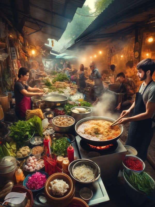A street food stall in Chiang Mai, Northern Thailand, where vendors expertly prepare and serve authentic Khao Soi Gai to locals and tourists alike