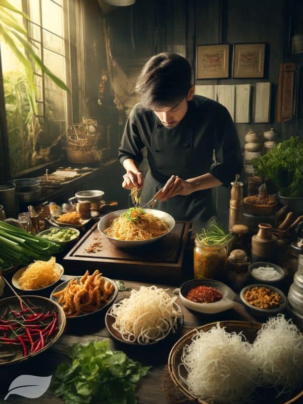 A traditional Thai kitchen, with a chef meticulously preparing the garnishes for Khao Soi Gai.