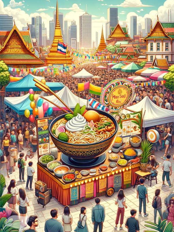 A vibrant Thai festival in an international city with a Khao Soi Gai stall