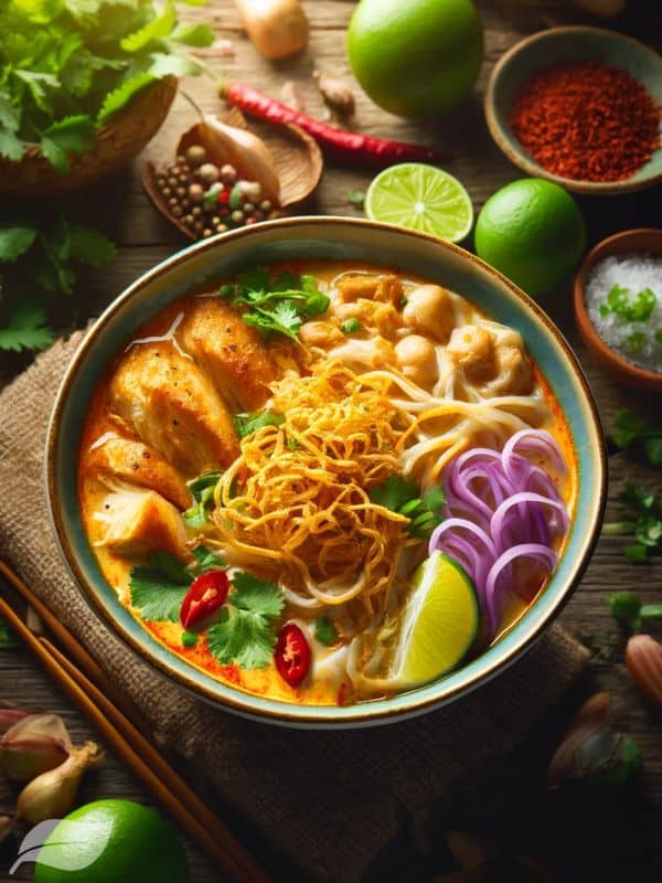 A vibrant and colorful close-up of a bowl of Khao Soi Gai
