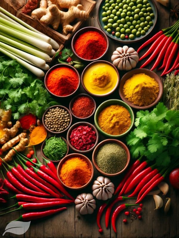 A vibrant and colorful display of the spices and herbs used in the Khao Soi Gai curry paste