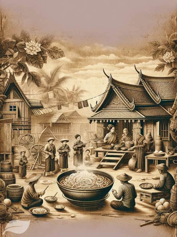 A vintage illustration, inspired by historical documents, featuring Khao Soi Gai .