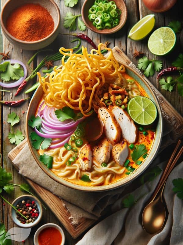 A visually appealing presentation of Khao Soi Gai, showcasing a balanced portion size and its various components
