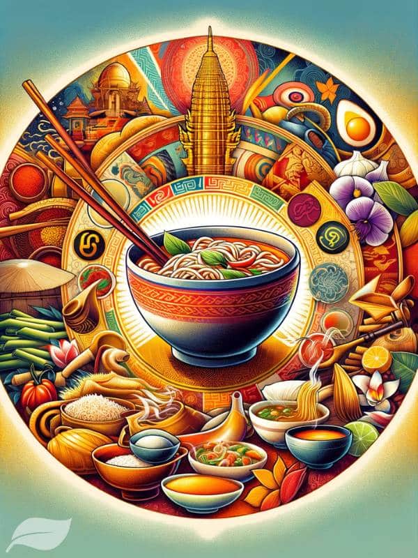 An artistic illustration depicting the diverse cultural influences (Thai, Burmese, and Chinese) that have shaped Khao Soi Gai.