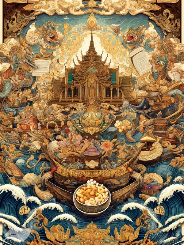 An artistic illustration inspired by Thai literature, depicting the essence of Khao Soi Gai and its enduring role in representing Thai identity and culinary heritage