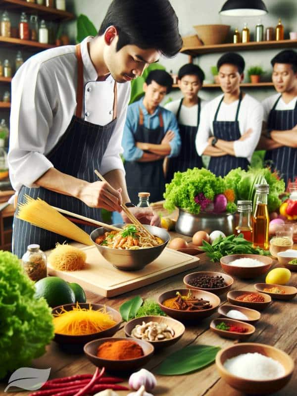 An image of a cooking class or a chef preparing Khao Soi Gai