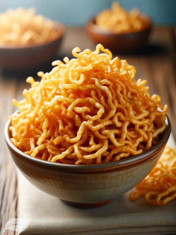 Crispy fried noodles in a small bowl