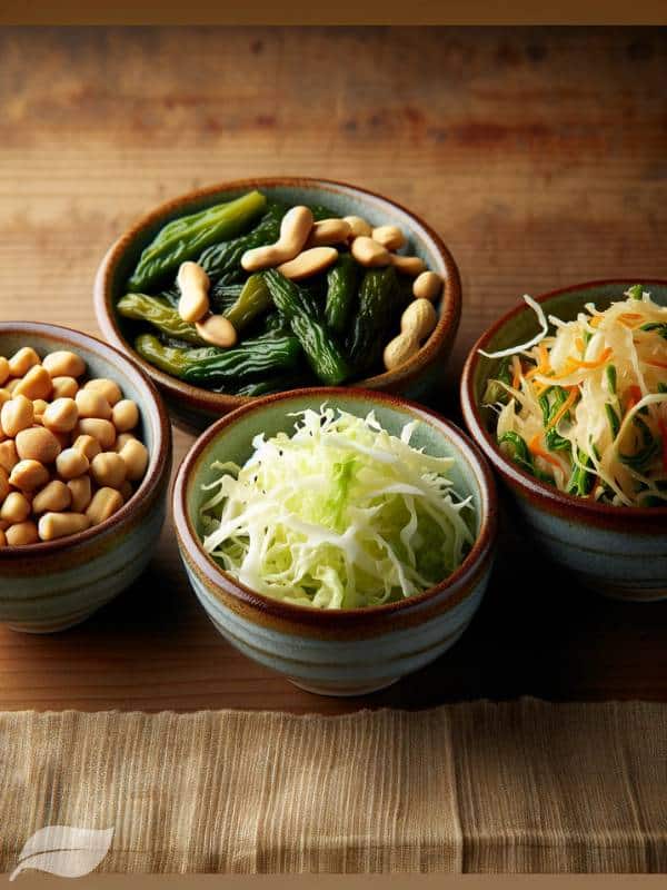 Pickled mustard greens, shredded cabbage, and roasted peanuts in small bowls.