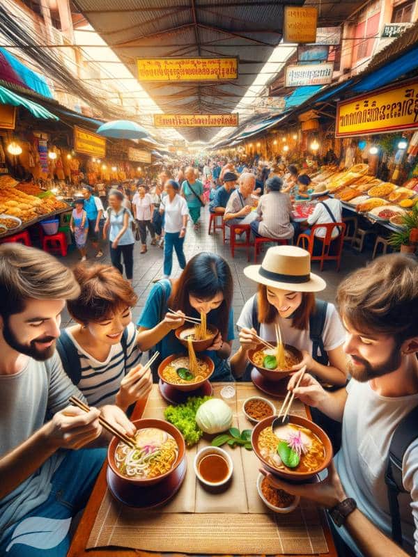 Tourists enjoying Khao Soi Gai in a bustling Thai market abroad