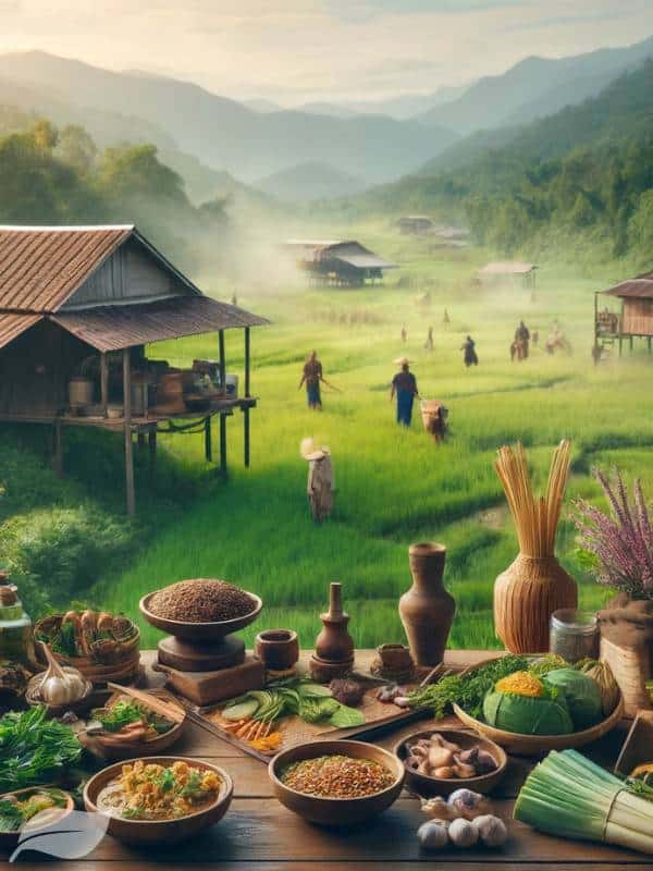 a Northern Thai farm or agricultural setting, highlighting the local ingredients and produce used in Khao Soi Gai