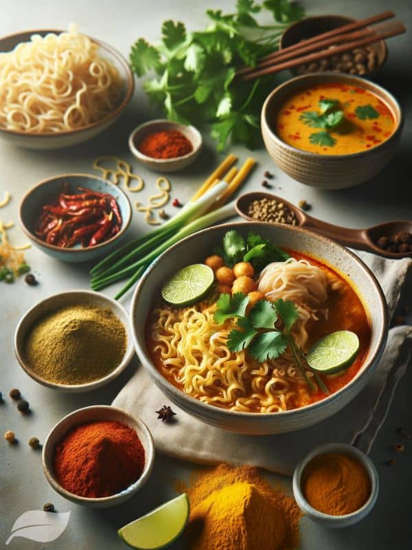 a bowl of Khao Soi, a Thai curry noodle soup, in the foreground. Include dried spices like turmeric and cumin in small bowls