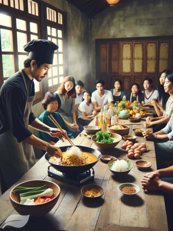 a cooking class or demonstration where participants are learning the traditional techniques of making Khao Soi Gai