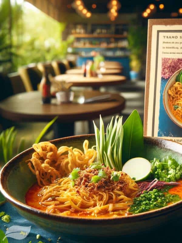 a dish from a Thai restaurant outside of Thailand, featuring their interpretation of Khao Soi Gai
