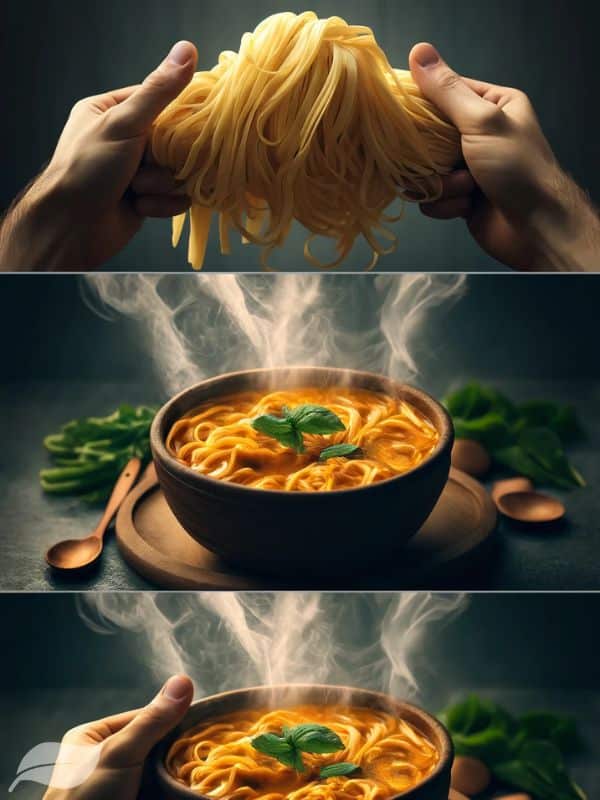 a pair of hands holding a bundle of fresh, chewy egg noodles