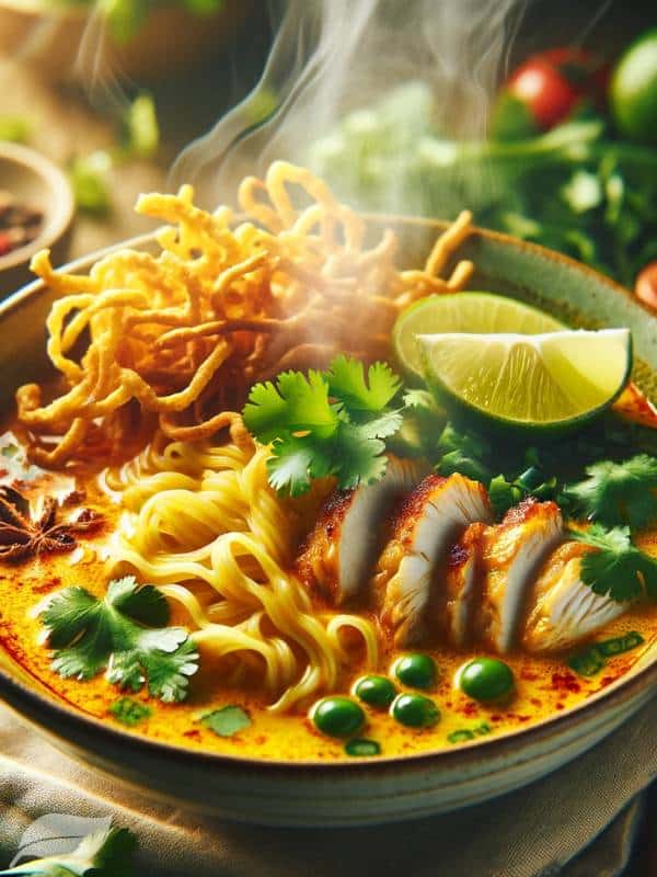 a steaming hot bowl of Khao Soi Gai